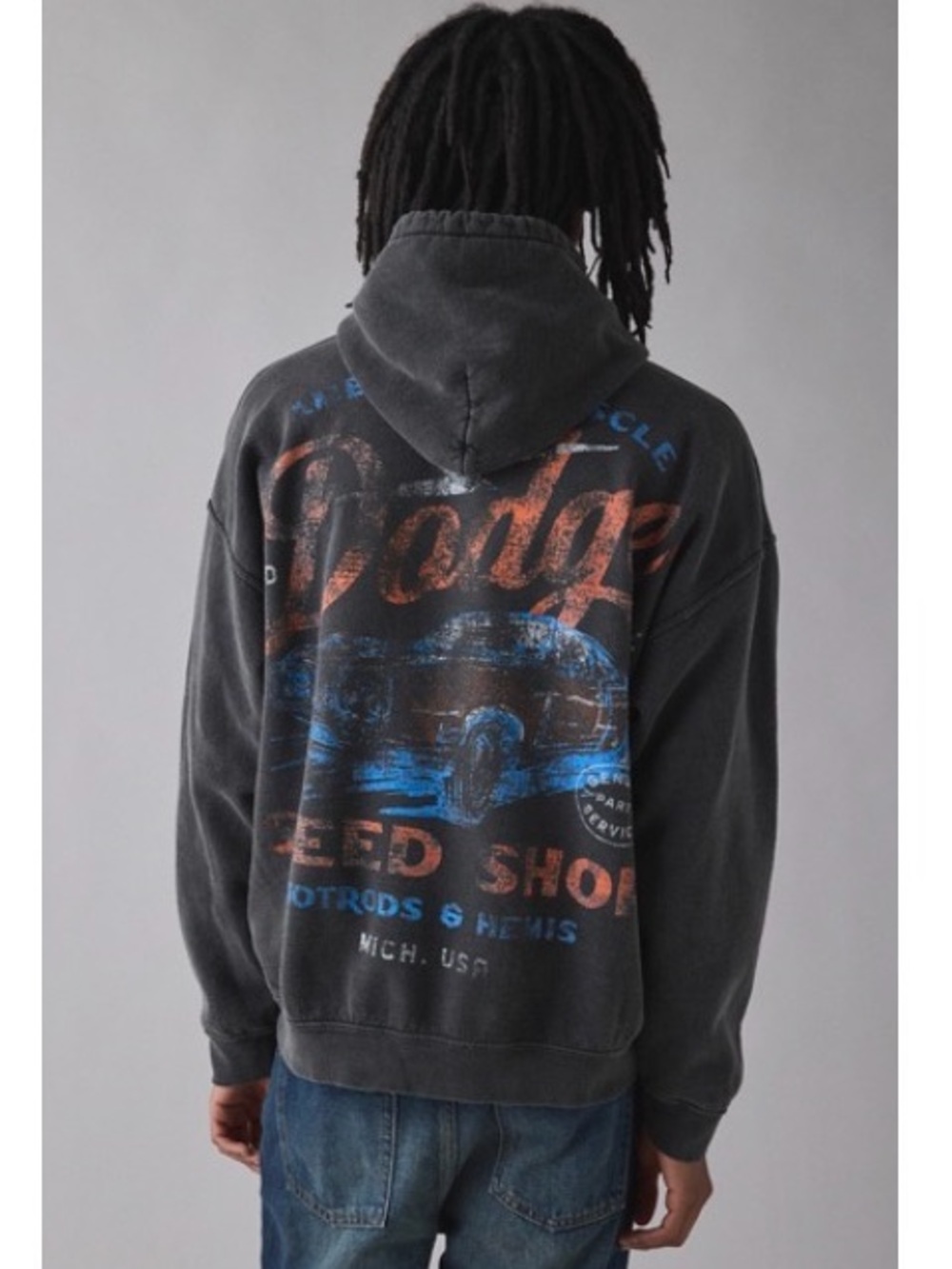 Urban Outfitters Black Graphic Dodge Hoodie with Blue & Rust Print